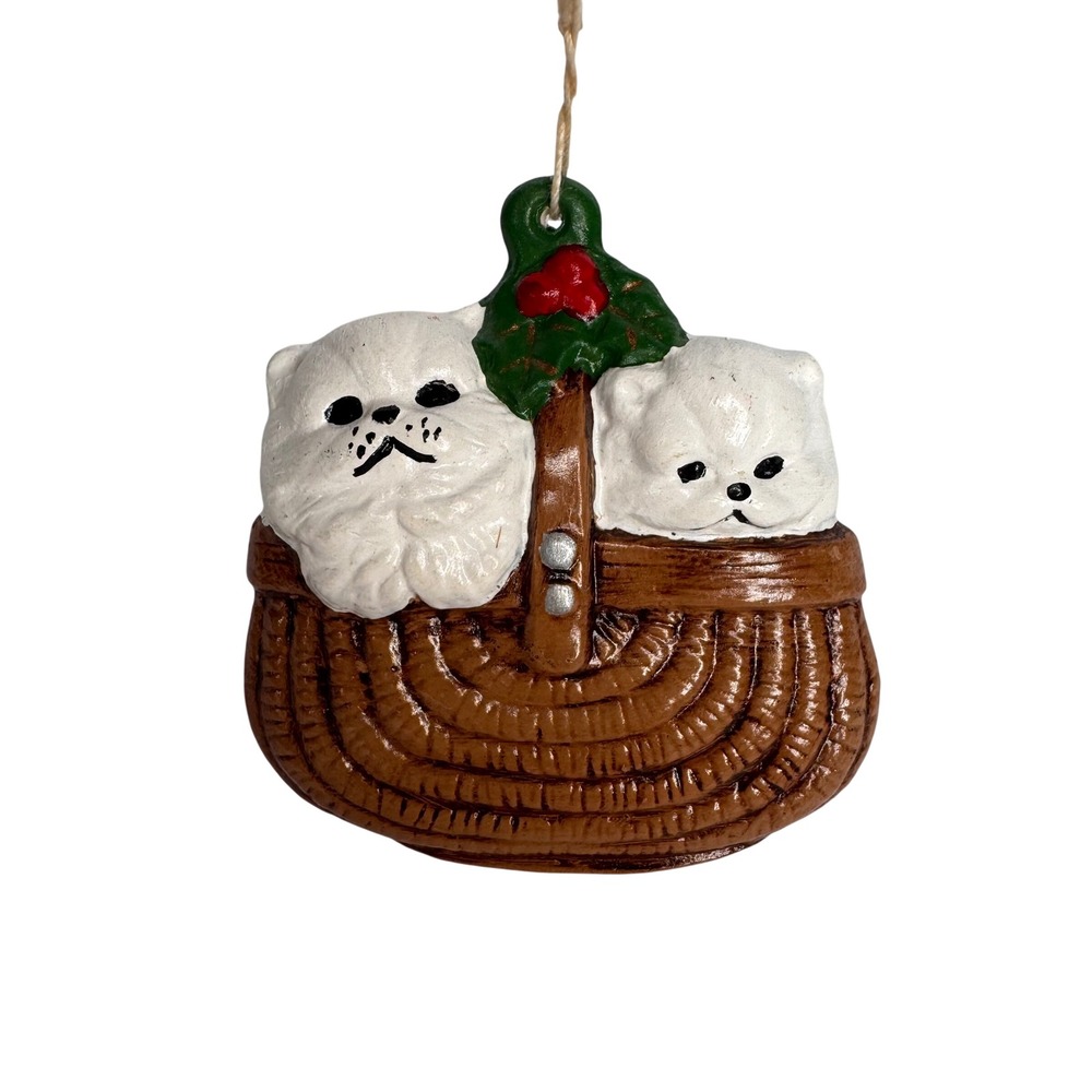 VTG Cottagecore Ceramic White Cats in Basket Christmas Ornament Holly & Berries